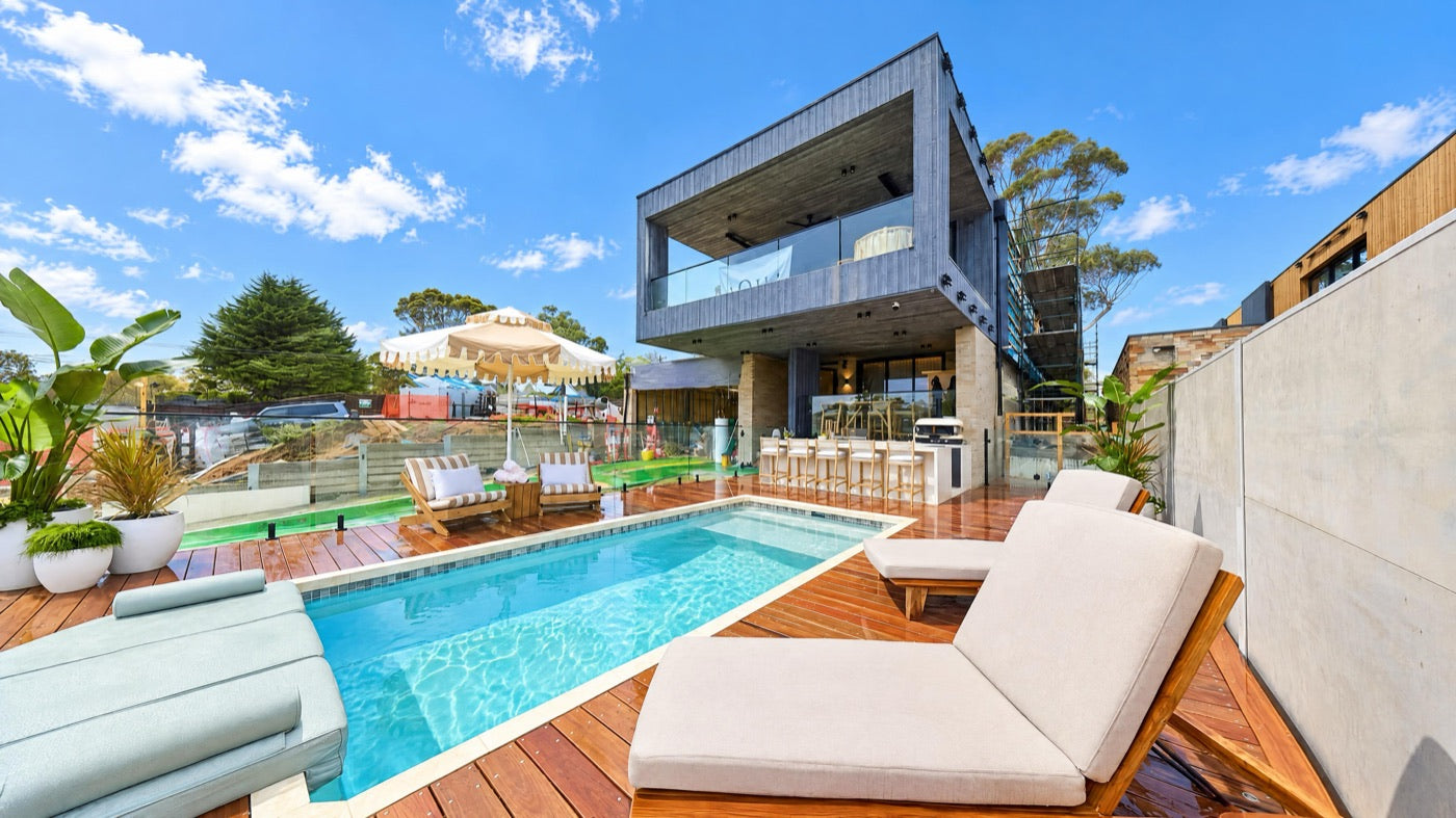 Desert Sand umbrella by Retro Umbrella Co at Adam & Jolene's pool, Pool & Terrace Week winner on The Block 2026