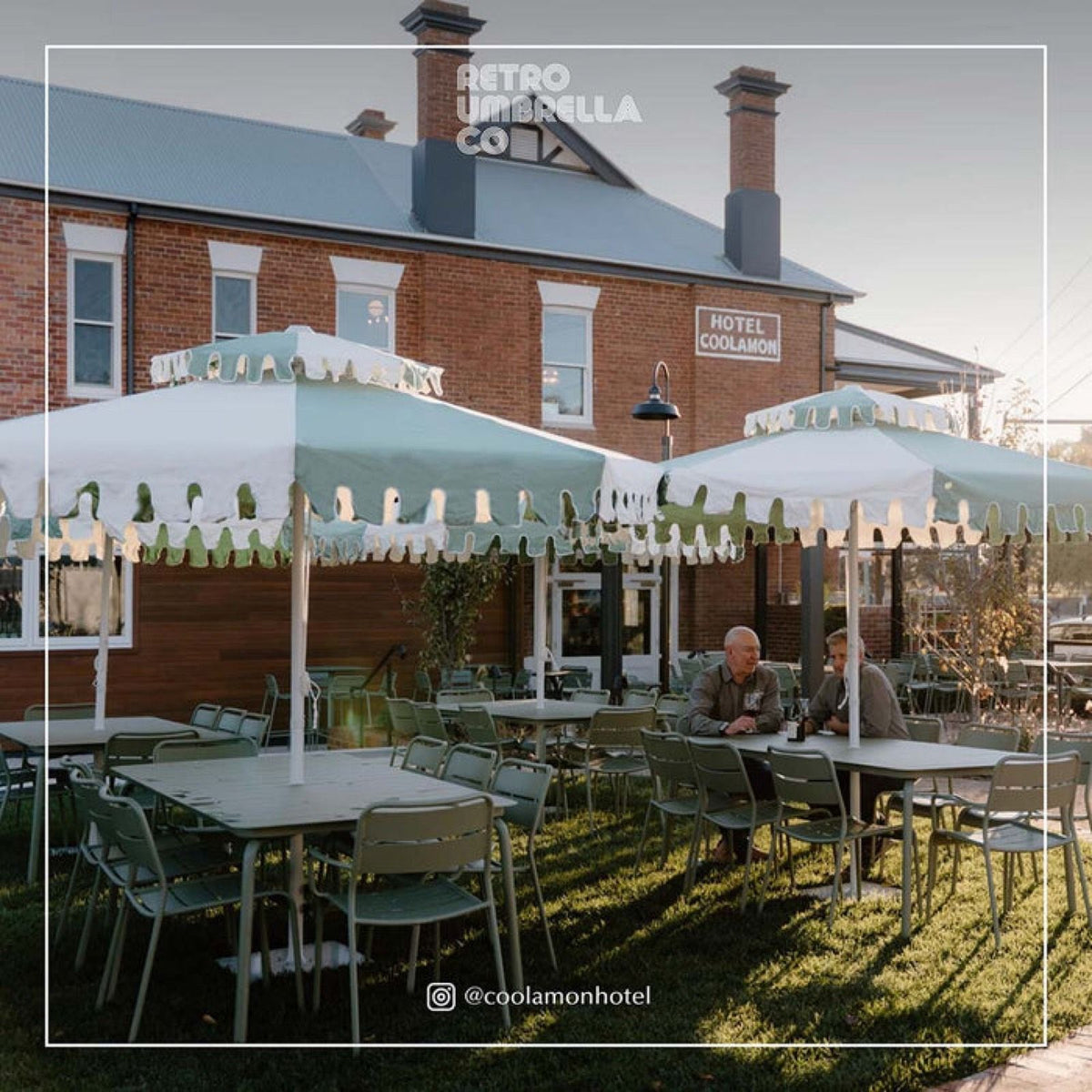 Cactus Green umbrellas across the beer garden at Hotel Coolamon