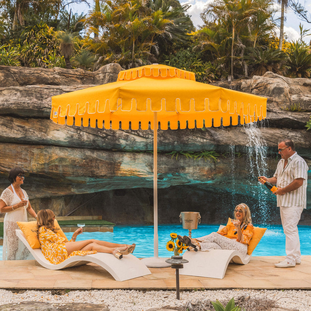 light yellow patio umbrella Double Tiered Golden Hour Market Umbrella (Yellow) – Retro Umbrella Co