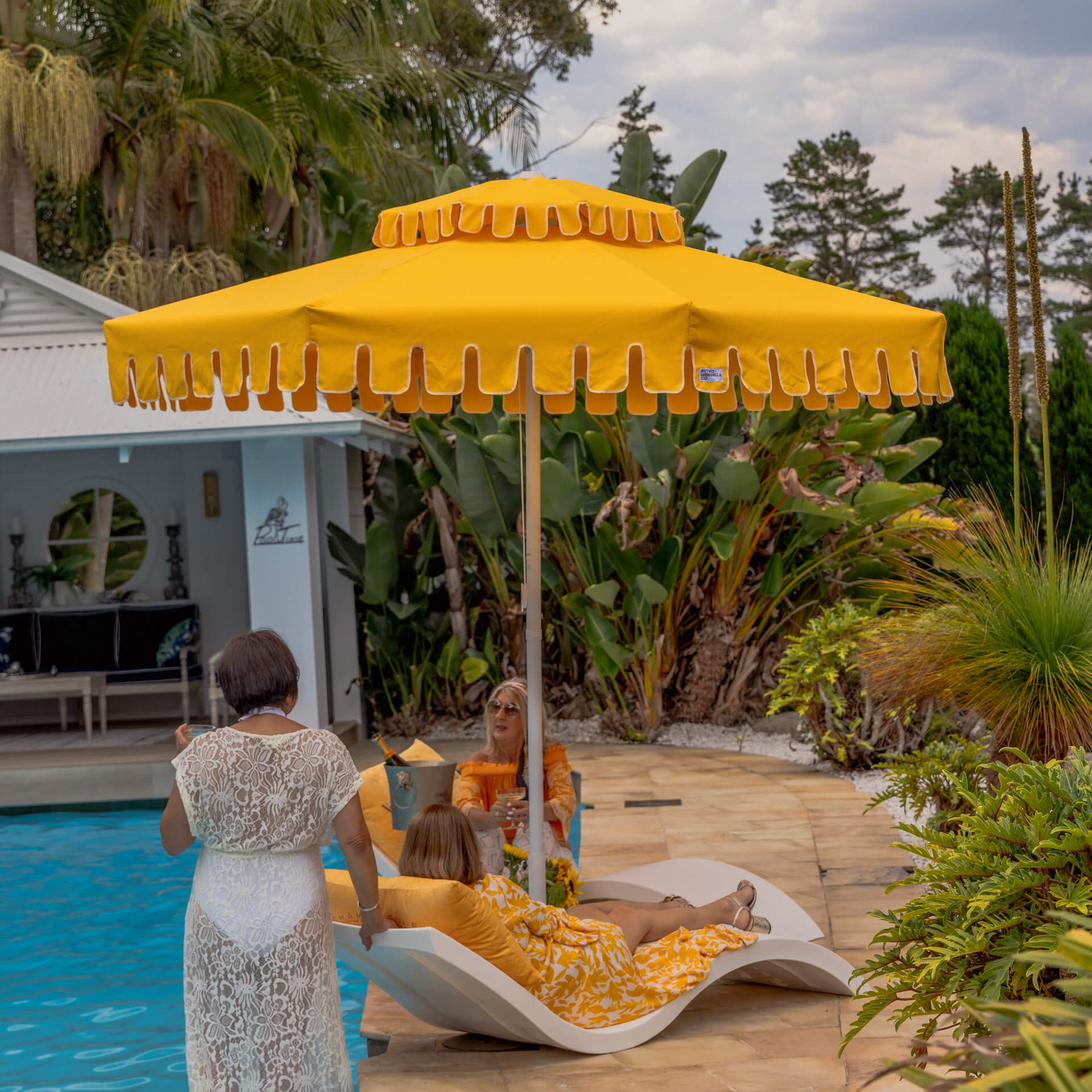 gold patio umbrella Double Tiered Golden Hour Market Umbrella (Yellow) – Retro Umbrella Co