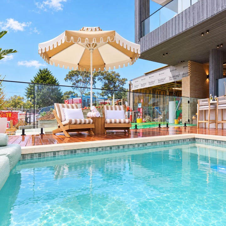 Desert Sand umbrella by Retro Umbrella Co at Adam & Jolene's pool, Pool & Terrace Week winner on The Block 2026
