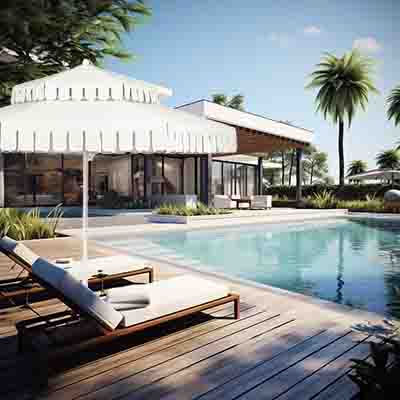 Retro Umbrella Co double-tier umbrella shading a pool terrace