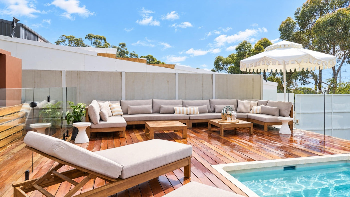 Ivory Mist umbrella by Retro Umbrella Co on Courtney & Sev's pool terrace on The Block 2026