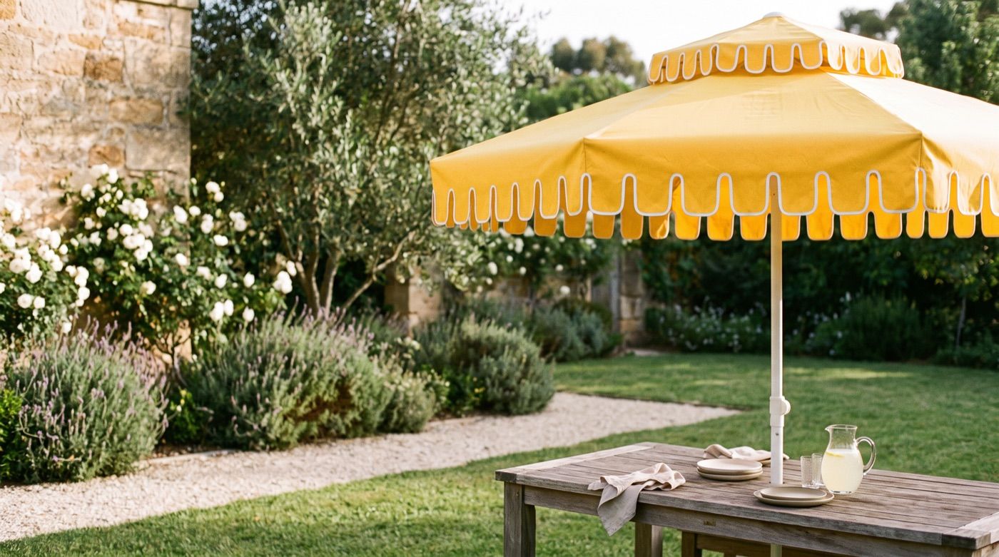 A Golden Hour umbrella over a timber table with roses and a sandstone wall